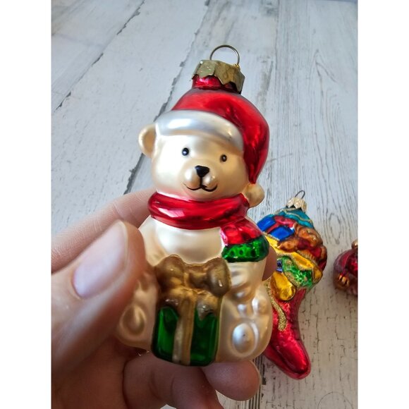 Vintage glass bear stocking ornament set presents glitter gold red Xmas tree - Picture 2 of 14